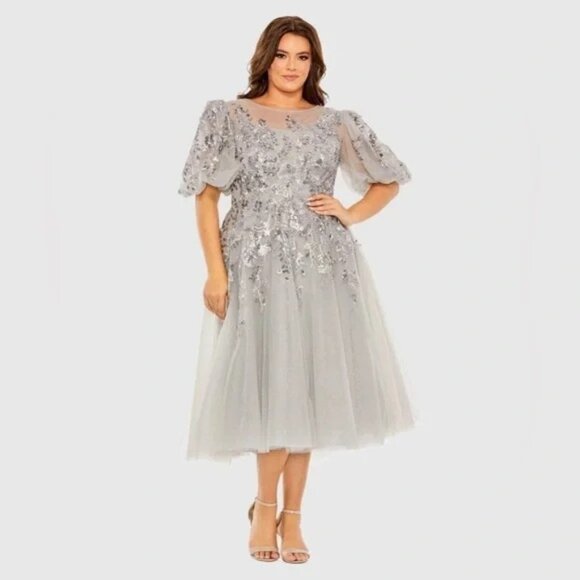 MAC DUGGAL Gray Puff Sleeve Glitter Embellished Dress Gown Midi 20475 Size 20W
